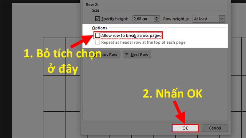 Bỏ tích ở ô Allow row to break across pages > Nhấn OK để sửa lỗi table trong Word bị tự động nhảy trang