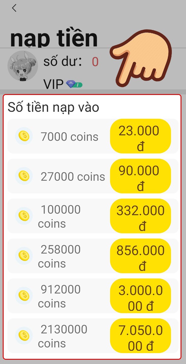 Chọn số coins bạn muốn nạp Chọn số coins bạn muốn nạp