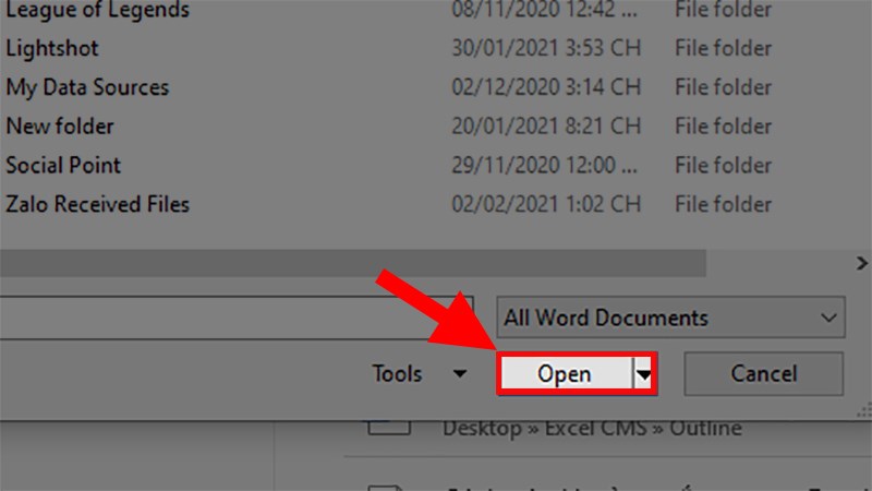 Nhấp vào file Word đã tìm được  Nhấn Open để mở file