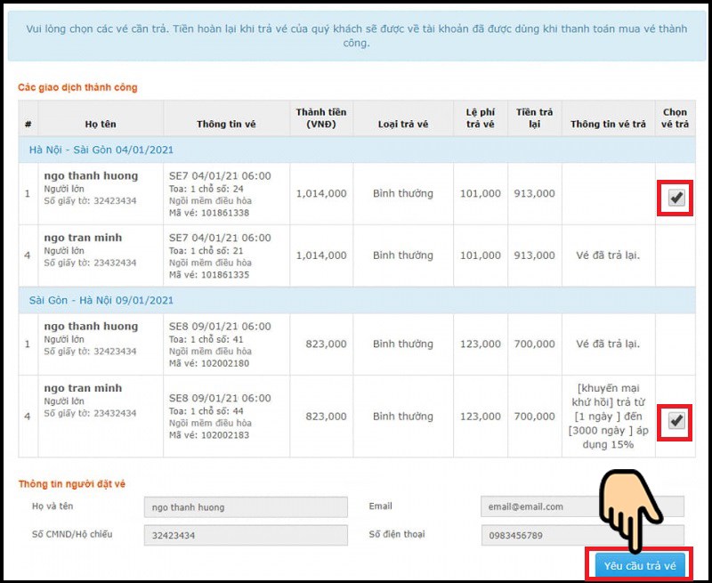 T&iacute;ch Chọn v&eacute; trả > Bấm Y&ecirc;u cầu trả v&eacute;