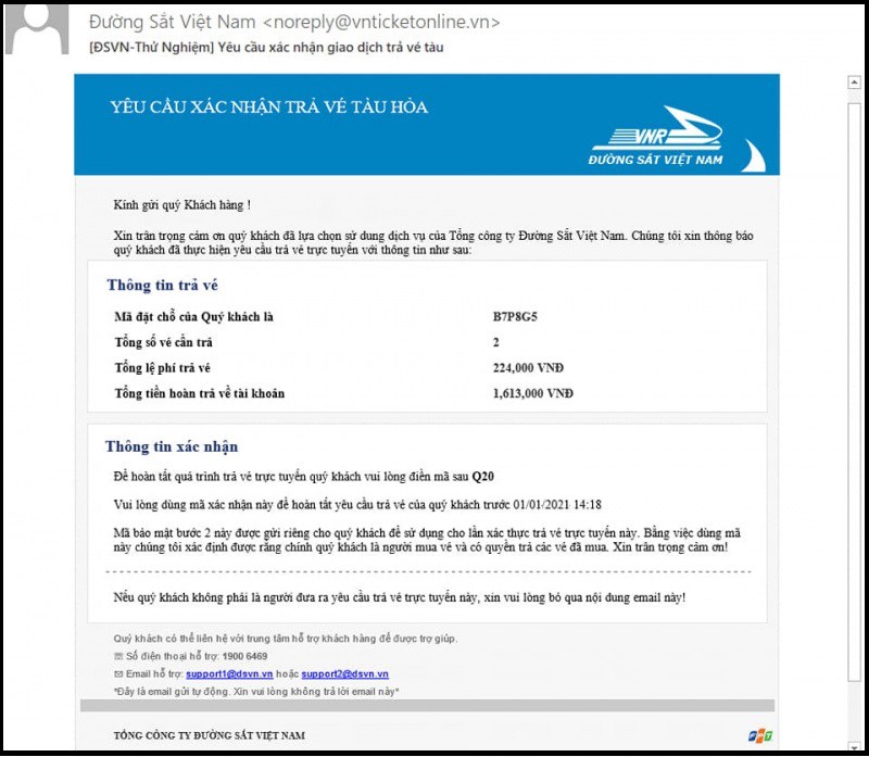 Mở thư x&aacute;c nhận của tổng c&ocirc;ng ty đường sắt Việt Nam gửi đến trong mail lấy m&atilde; x&aacute;c nhận