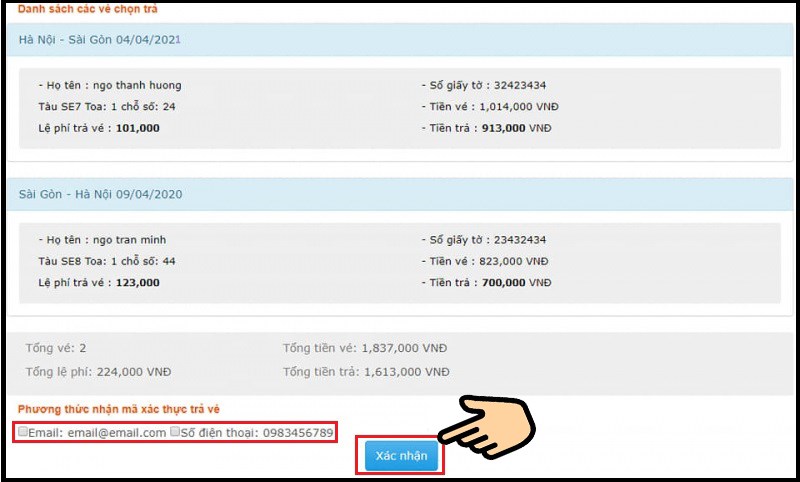 Chọn Phương thức nhận m&atilde; x&aacute;c nhận Email hoặc Số điện thoại, bấm X&aacute;c nhận