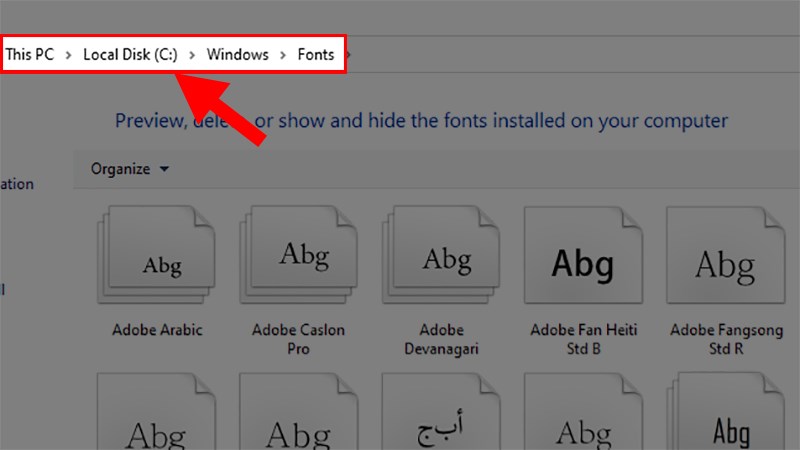 Truy cập vào file Font chữ ở ổ cài Windows của bạn theo cú pháp: My Computer (hoặc This PC hoặc Folder) > Ổ C:\ > Thư mục Windows > Thư mục Font