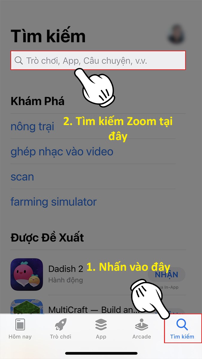 Nhấp chọn Tìm kiếm (Search) > Tìm kiếm ứng dụng Zoom