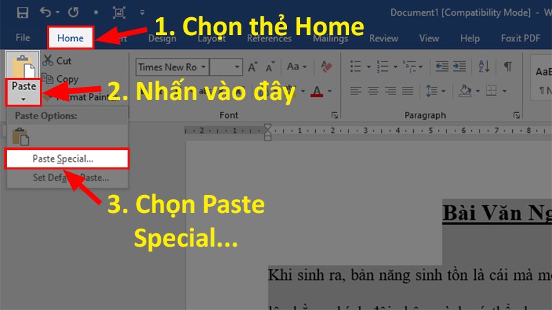 Chọn thẻ Home > Nhấn vào mũi tên ở mục Paste > Chọn Paste Special