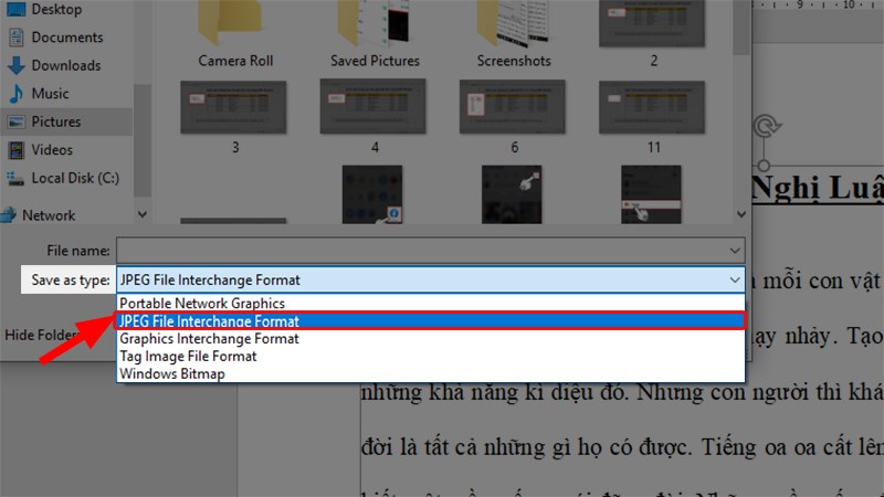 Ở cửa sổ hiện lên đi đến phần Save as type > Chọn định dạng lưu là JPEG File Interchange Format (*.jpg)