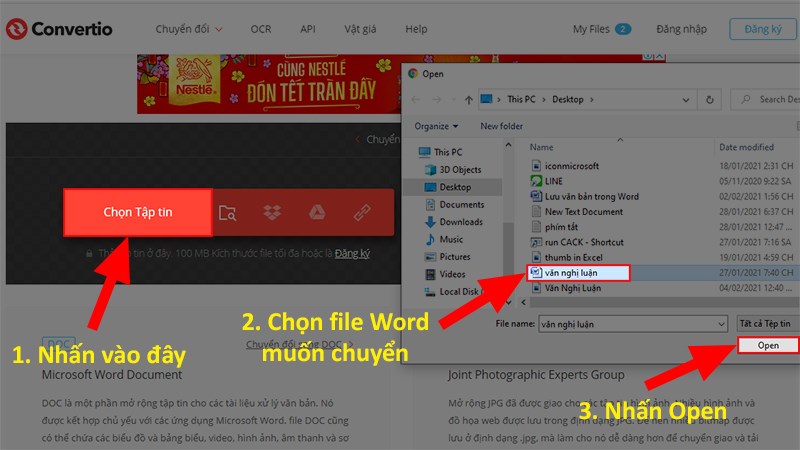 Nhấp vào Chọn Tập tin > Chọn file Word bạn muốn chuyển > Nhấn Open