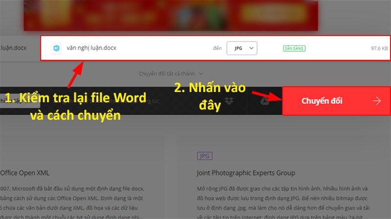 Kiểm tra lại file Word và cách chuyển > Nhấp vào Chuyển đổi