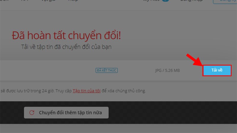 Đợi trong giây lát để Convertio tiến hành chuyển đổi > Nhấn Tải về file Word đã được chuyển sang ảnh
