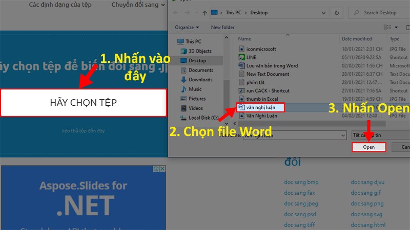 Nhấp vào HÃY CHỌN TỆP > Chọn file Word muốn chuyển sang ảnh > Nhấn Open