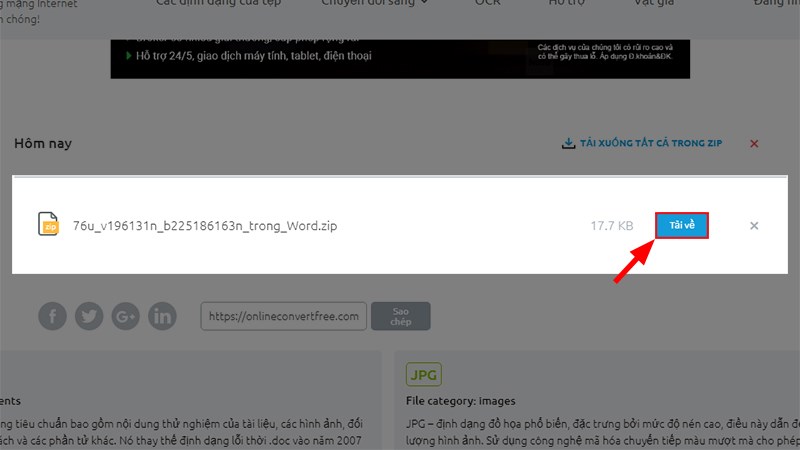 Cuộn chuột xuống phía dưới > Nhấn Tải về để tải file ảnh đã được chuyển từ Word
