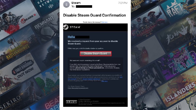 Mở email mà Steam vừa gửi, chọn Enable/Disable Steam Guard.