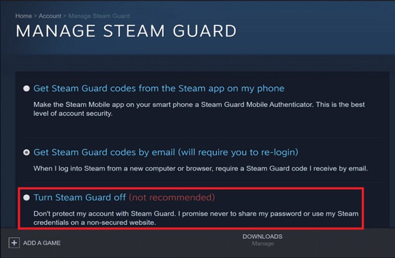 Chọn Turn Steam Guard off/on.