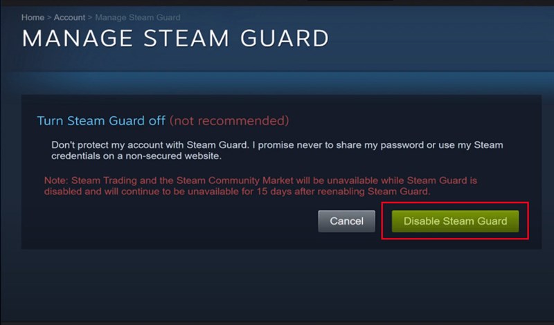 Chọn Enable/Disable Steam Guard.
