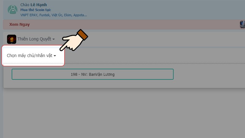 Nhấn chọn m&aacute;y chủ/nh&acirc;n vật