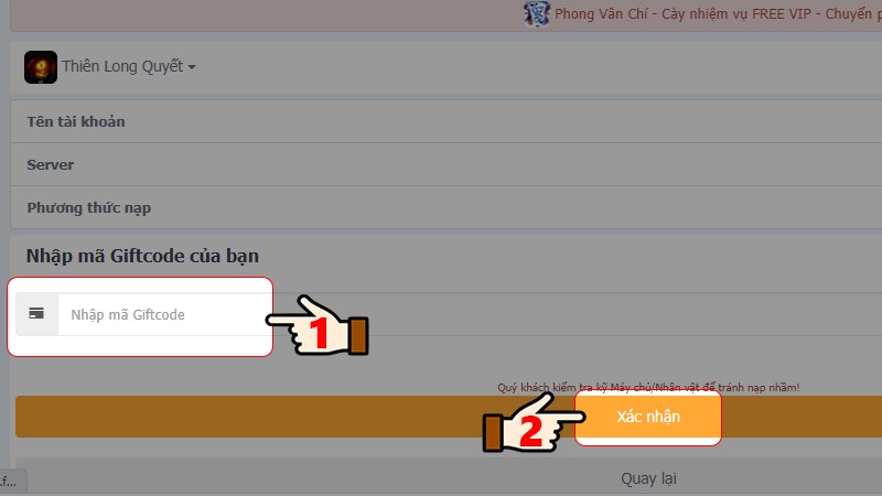 Nhập m&atilde; Giftcode > Nhấn X&aacute;c nhận