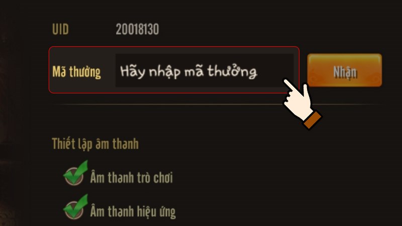 Nhập code vào mục Mã thưởng