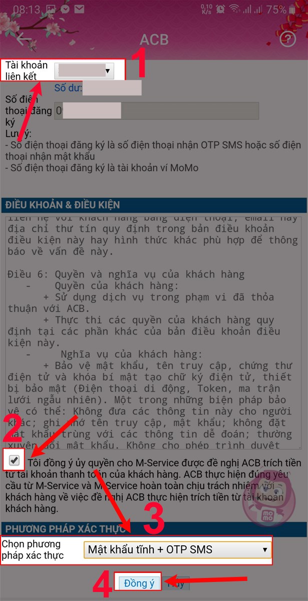 Chọn tài khoản ngân hàng, phương thức xác thực và bấm chọn đồng ý.