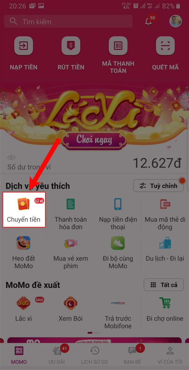 Chọn mục Chuyển tiền.