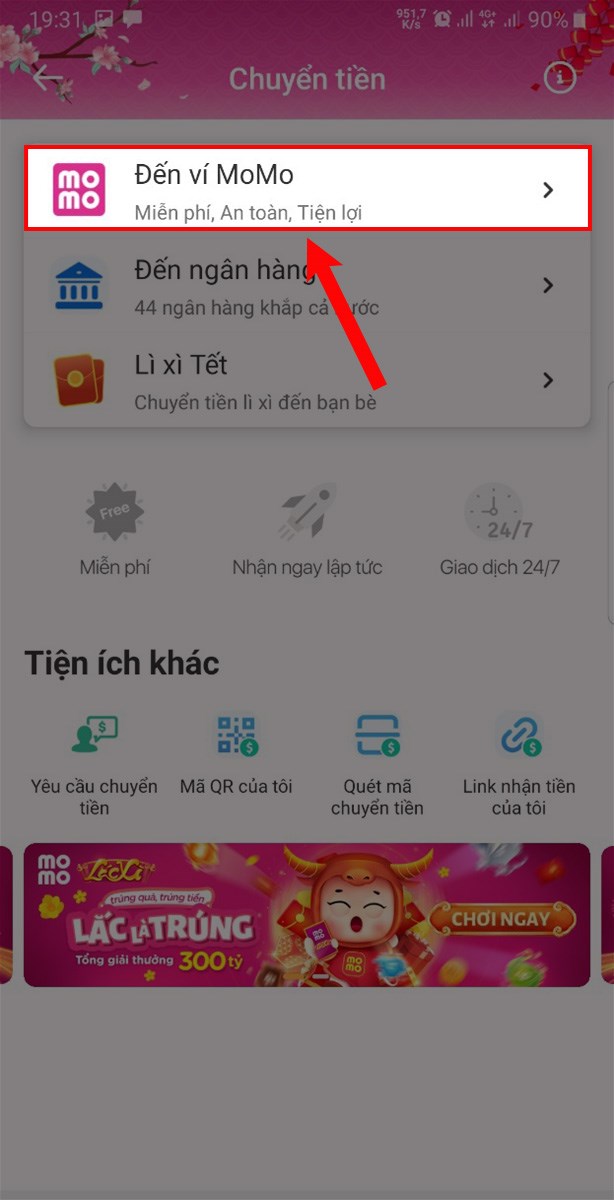 Chọn mục Đến ví MoMo.