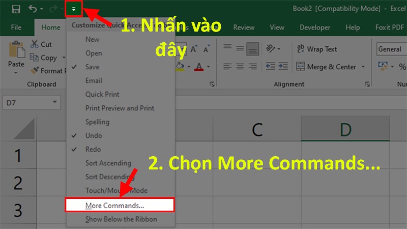 Nhấp vào mũi tên hướng xuống ở góc trên bên trái > Chọn&nbsp;More Commands...
