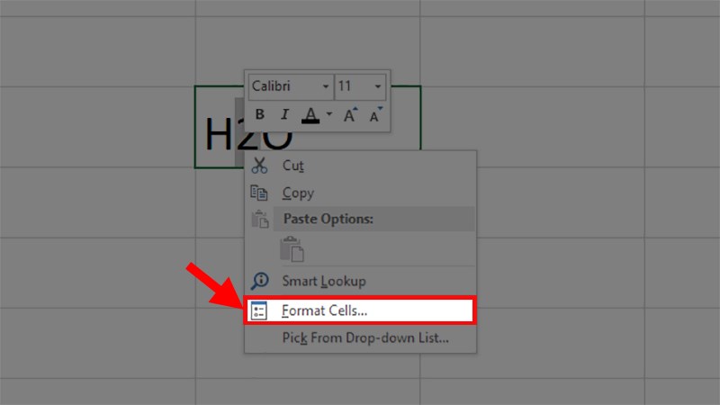 Tô chọn chữ số hoặc ký tự cần viết số mũ > Nhấn chuột phải > Chọn Format Cells