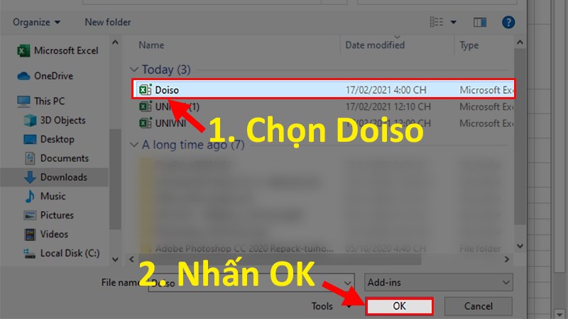 Tìm đến file Excel vừa tải > Nhấp vào file Doiso > Nhấn Open