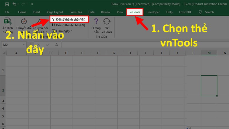 Quay trở lại giao diện Excel > Đi đến thẻ vnTools vừa thêm vào > Chọn Đổi số thành chữ