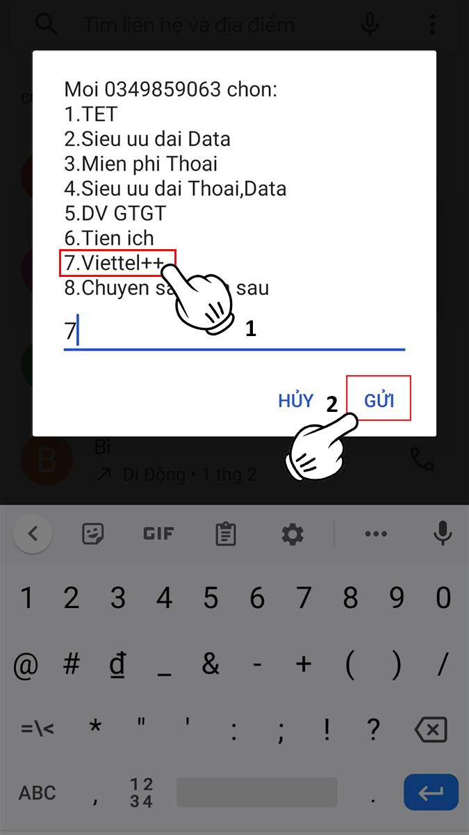 Nhập số 7 (Viettel++) > Nhấn Gửi