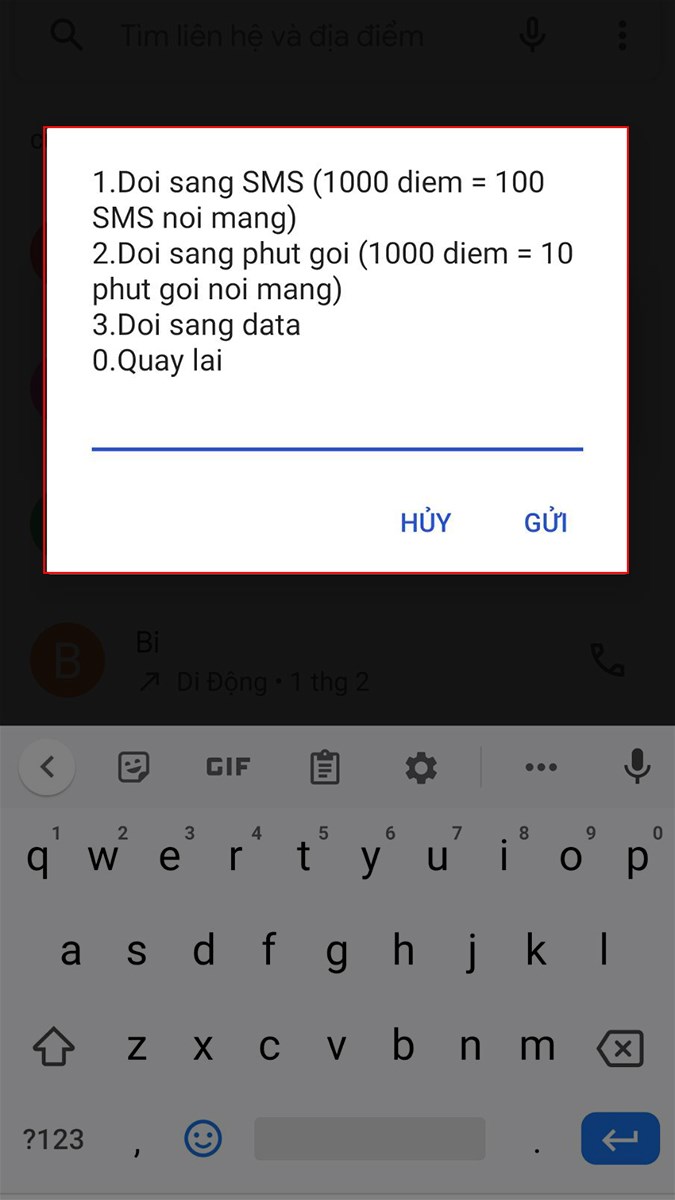 Chọn số lượng điểm muốn đổi tương ứng với từng gói