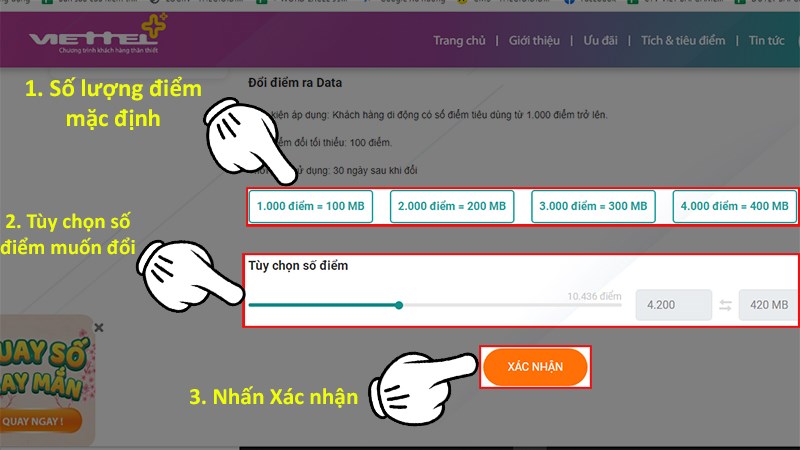 Chọn Số lượng điểm muốn quy đổi > Nhấn Xác nhận để đổi điểm