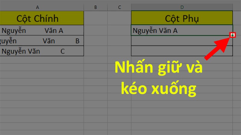 Nhấn giữ ô vuông nhỏ góc phải của ô được chọn > Kéo xuống để áp dụng cho những ô bên dưới