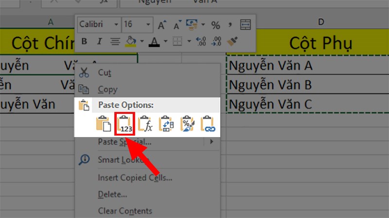 Nhấn chuột phải > Chọn mục Value ở phần Paste Options