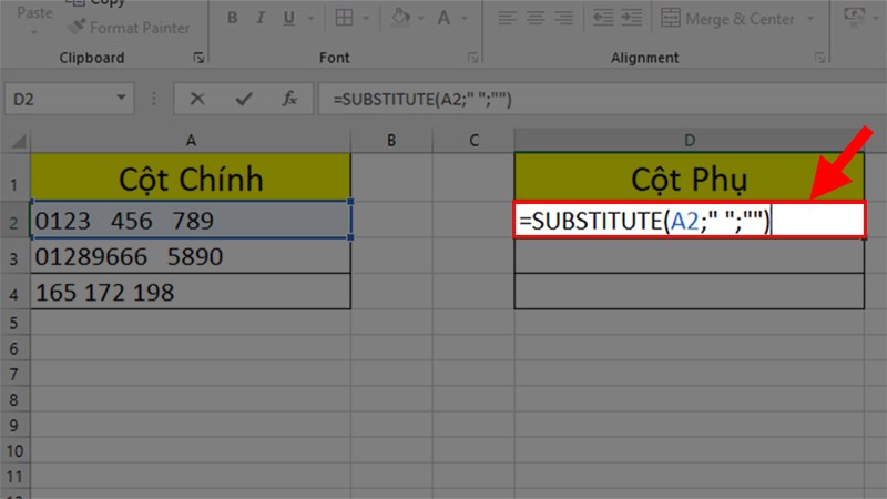  Nhập hàm =SUBTITUTE(ô cần xóa;" ";"") > Nhấn Enter