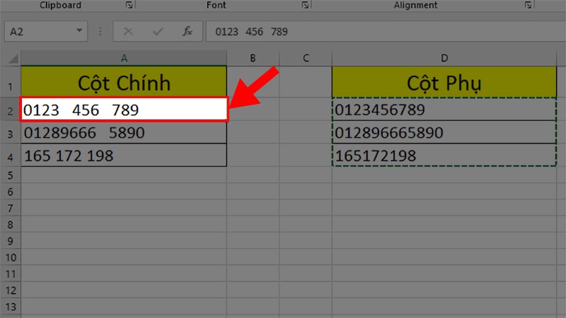 Chọn ô đầu tiên của cột chứa dữ liệu cần xóa khoảng trắng
