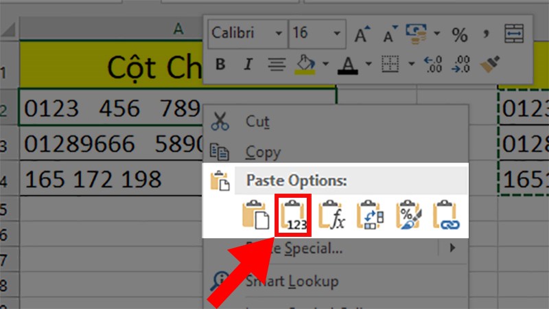 Nhấn chuột phải > Chọn mục Value ở phần Paste Options