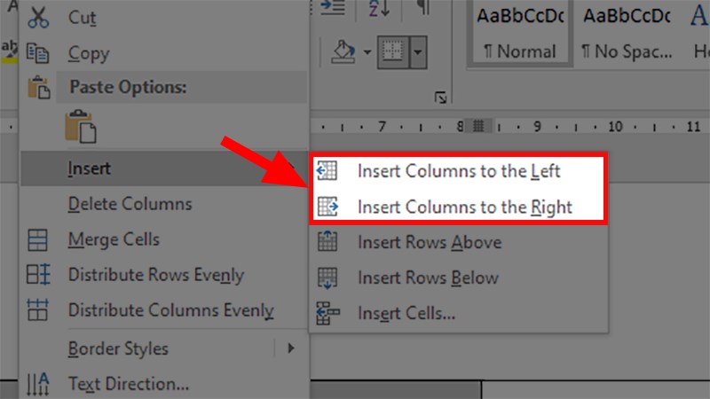 Chọn các lựa chọn thêm cột trong Word