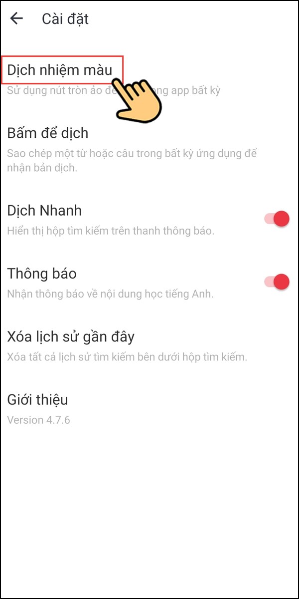 Lựa chọn dịch nhiệm màu để tiếp tục cài đặt.