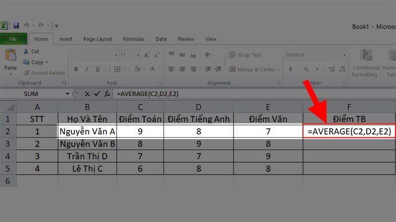 Ví dụ về cách tính trung bình bằng hàm Excel trong Excel
