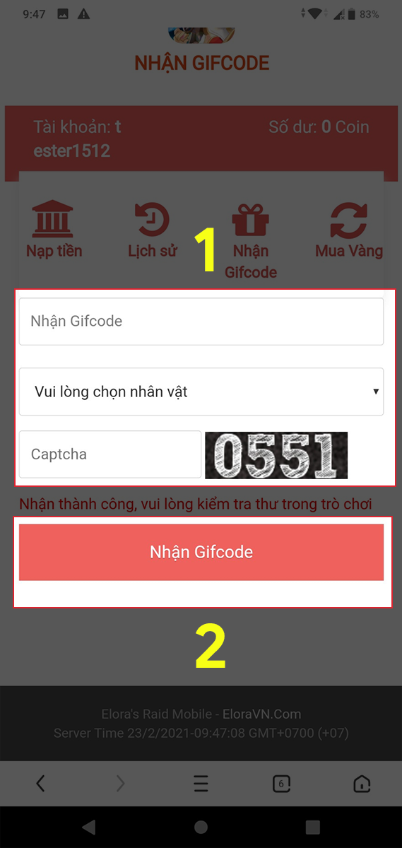 Nhập giftcode, chọn nhân vật và nhập mã Captcha