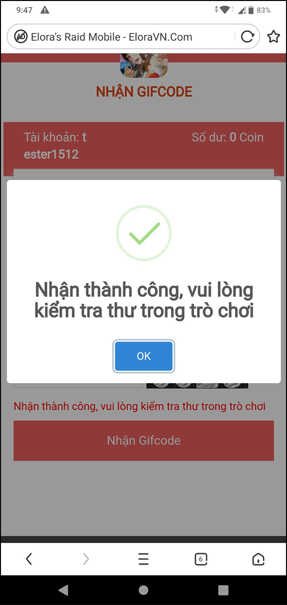 Nhập Giftcode thành công