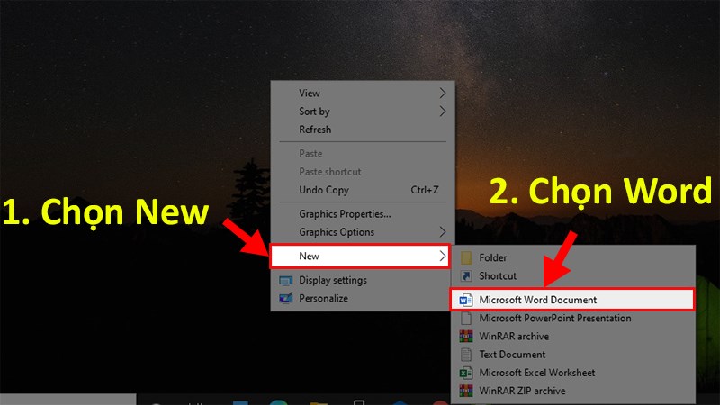 Nhấp chuột phải vào khoảng trống ở Desktop > Chọn New > Chọn các lựa chọn Word, Excel hoặc PowerPoint cần mở