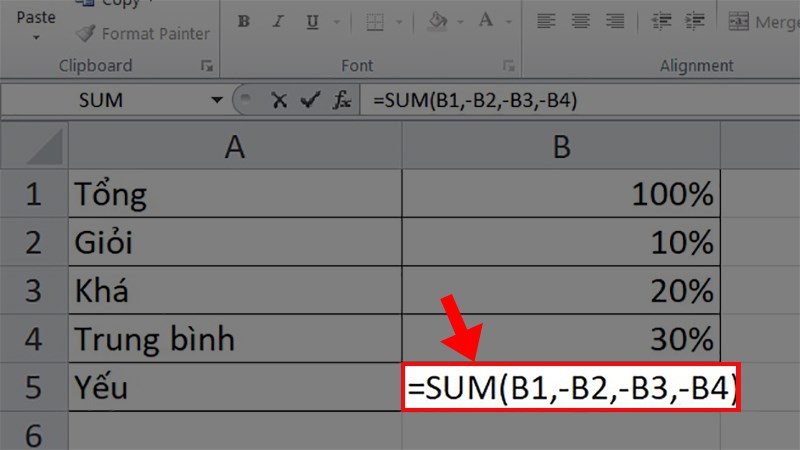 Nhập công thức&nbsp;=Sum(B1,-B2,-B3,-B4)
