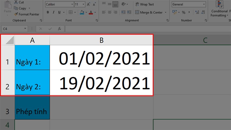 Ở&nbsp;ô B1&nbsp;bạn nhập giá trị 1/2/2021 và ở&nbsp;ô B2&nbsp;bạn nhập giá trị 19/2/2021