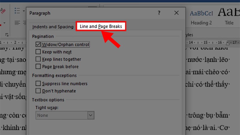 Chọn tab Line and Page Break
