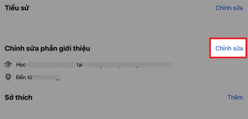 K&eacute;o xuống mục Chỉnh sửa phần giới thiệu > Chọn Chỉnh sửa