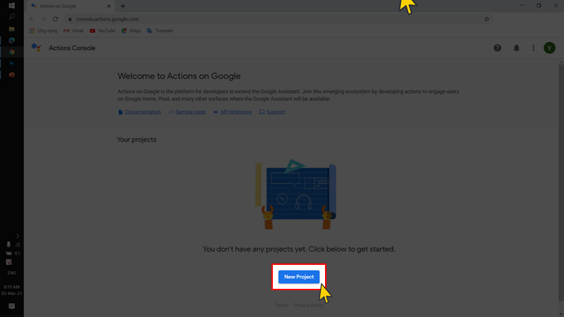 Truy cập Actions on Google Console và chọn New Project (Dự án mới)