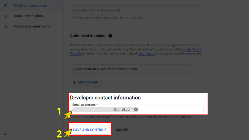 Nhập email tại Developer Contact Information và nhấn Save and Continue.