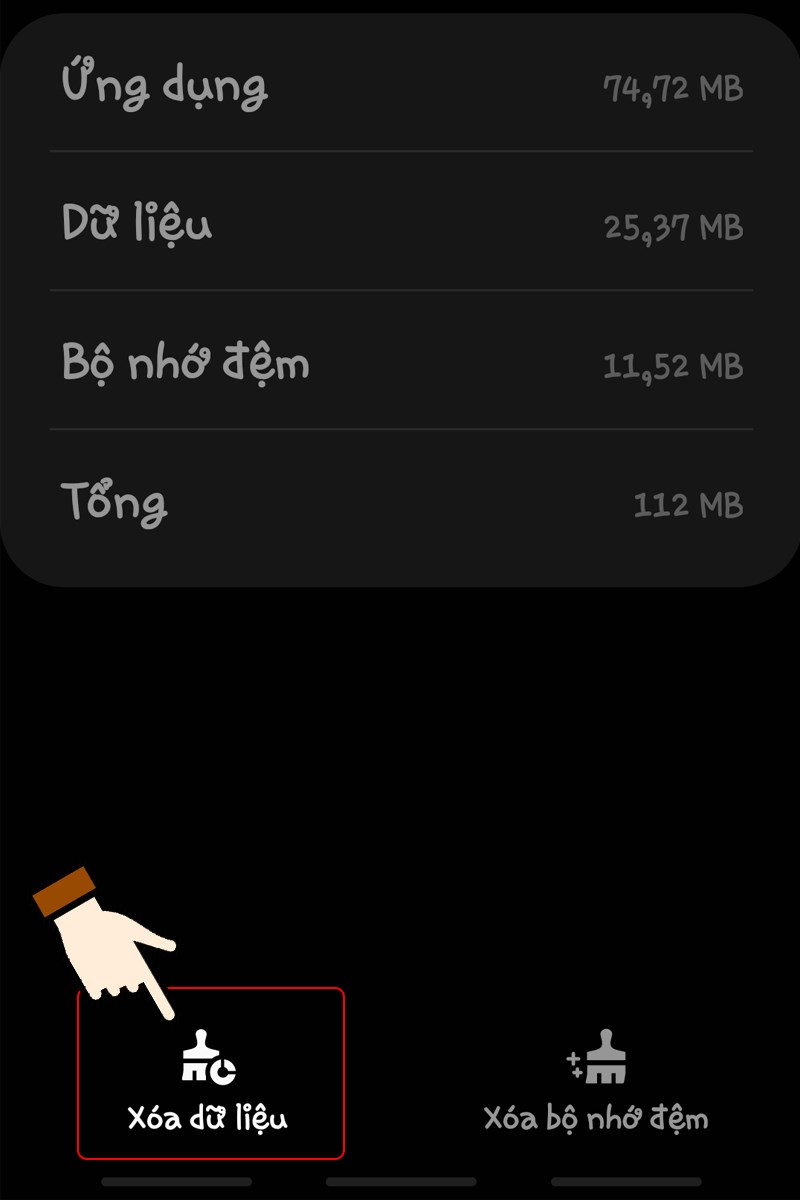 Chọn Xóa dữ liệu ở góc trái phía dưới màn hình