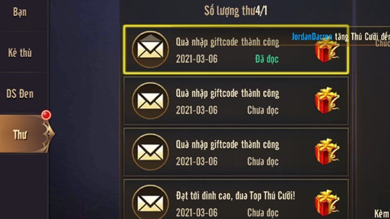 V&agrave;o game v&agrave; chọn Thư để kiểm tra qu&agrave; tặng